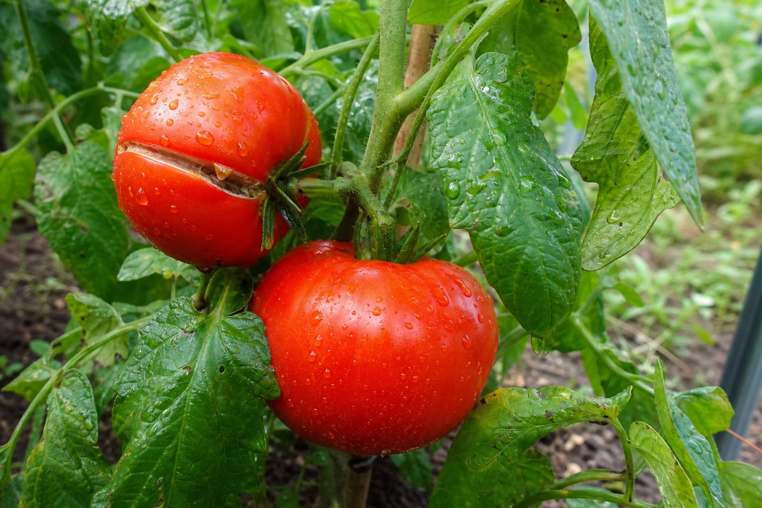 Tomates rouges mûres sur pied, l'une d'elles présentant une fissure visible sur le dessus, potager en arrière-plan