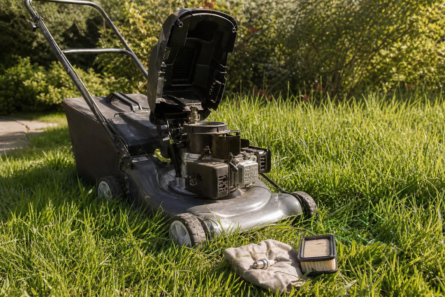 Tondeuse thermique dans un jardin au printemps, capot ouvert avec bougie d'allumage et filtre à air posés sur l'herbe